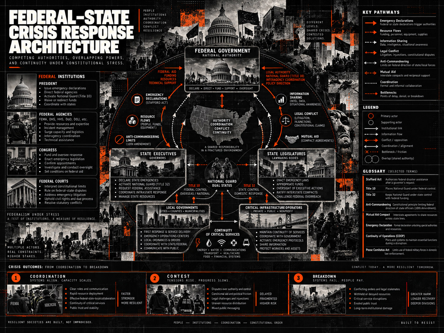 Detailed federal-state crisis response architecture showing federal agencies, states, local authorities, Guard status, courts, and continuity pathways.