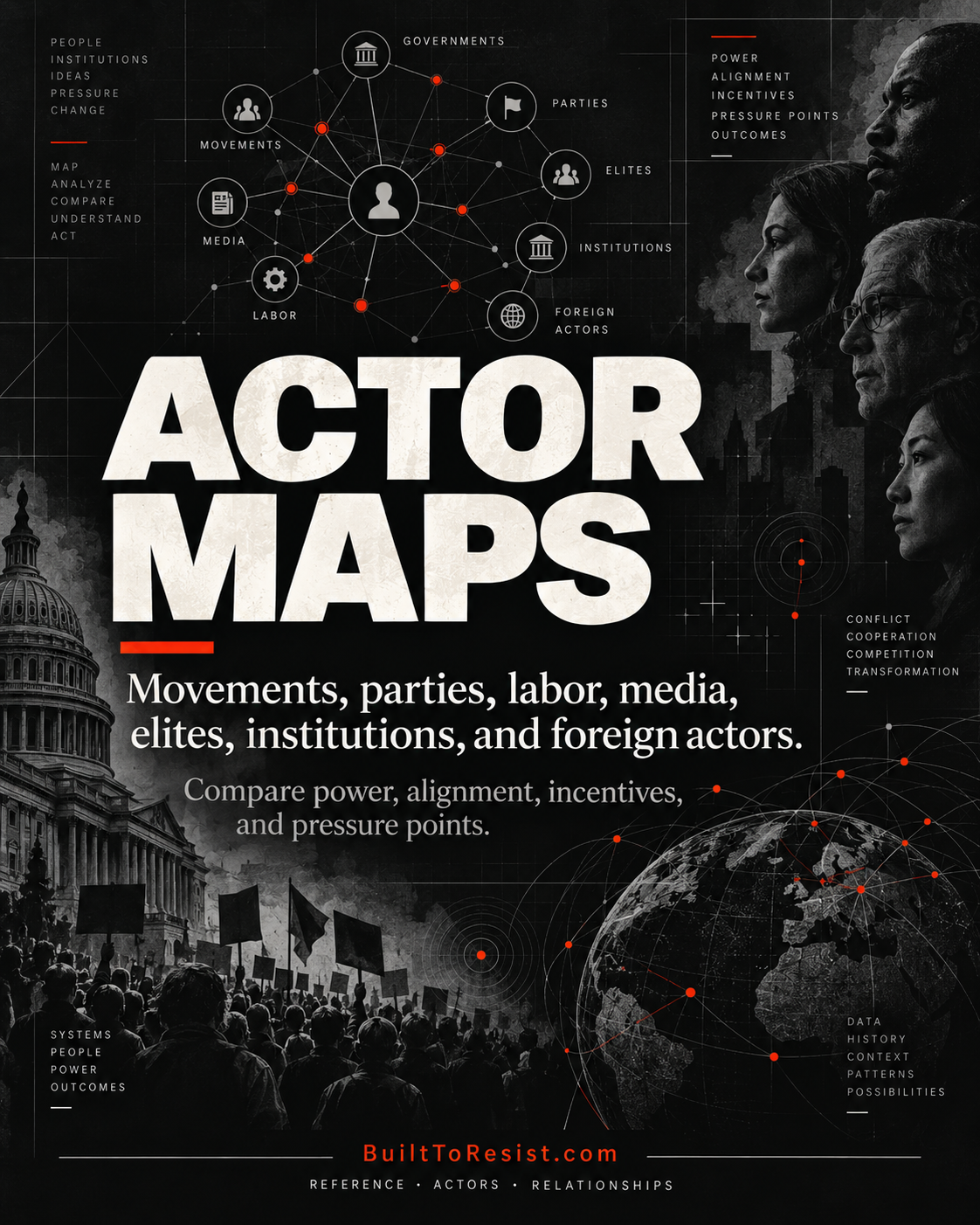Actor Maps social graphic showing movements, parties, labor, media, elites, institutions, foreign actors, network nodes, and the headline Actor Maps.