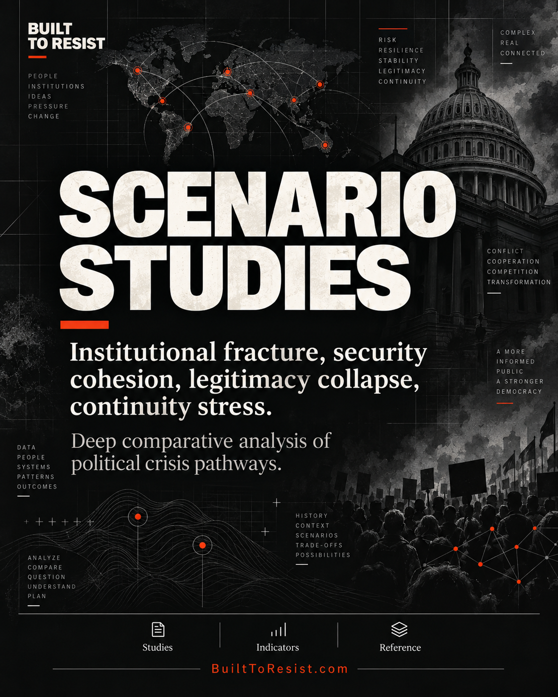 Scenario Studies social graphic with a global network map, government architecture, protest silhouettes, and the headline Scenario Studies.