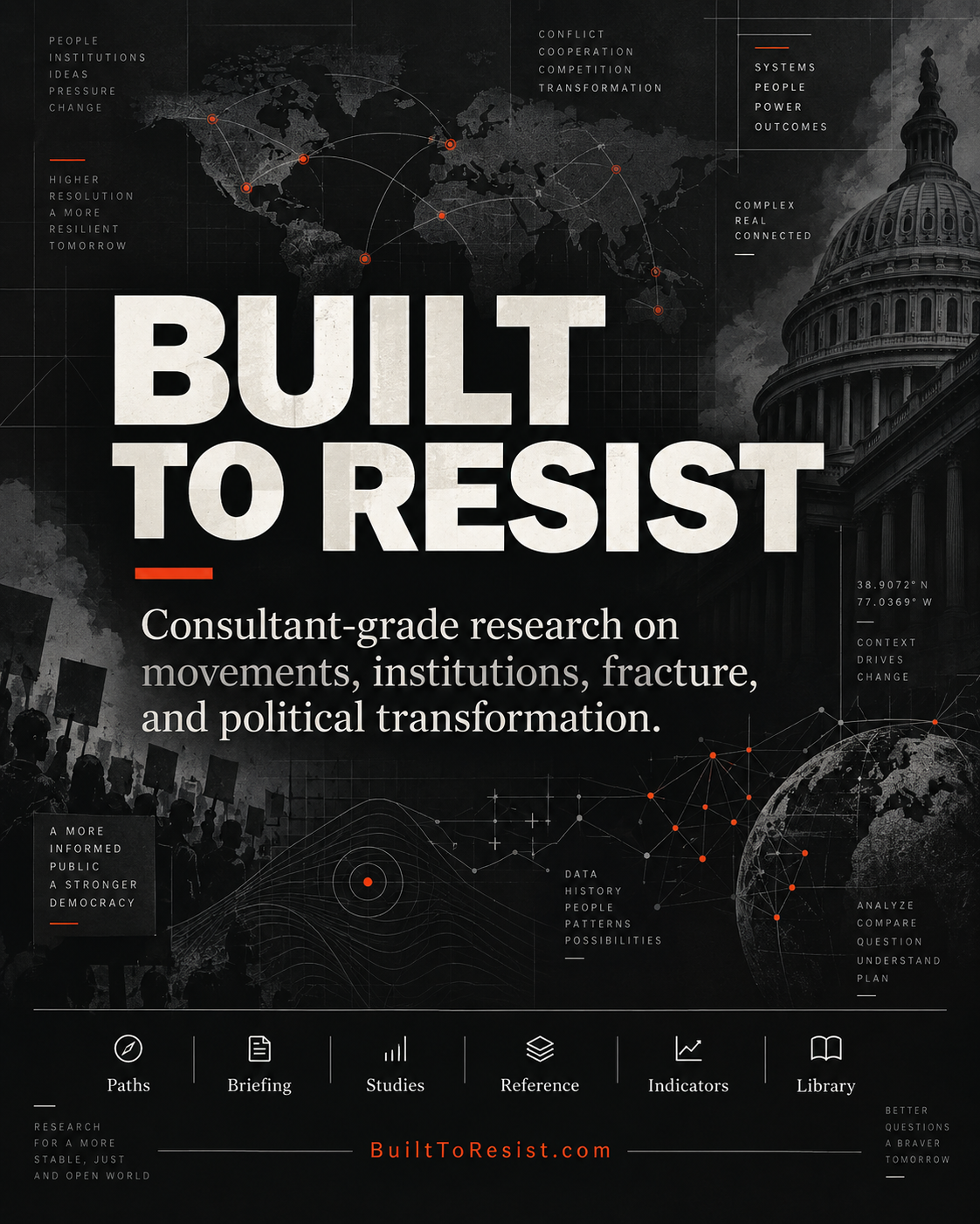 Built To Resist social graphic with world-map networks, institutional imagery, analytical diagrams, and the headline Built To Resist.