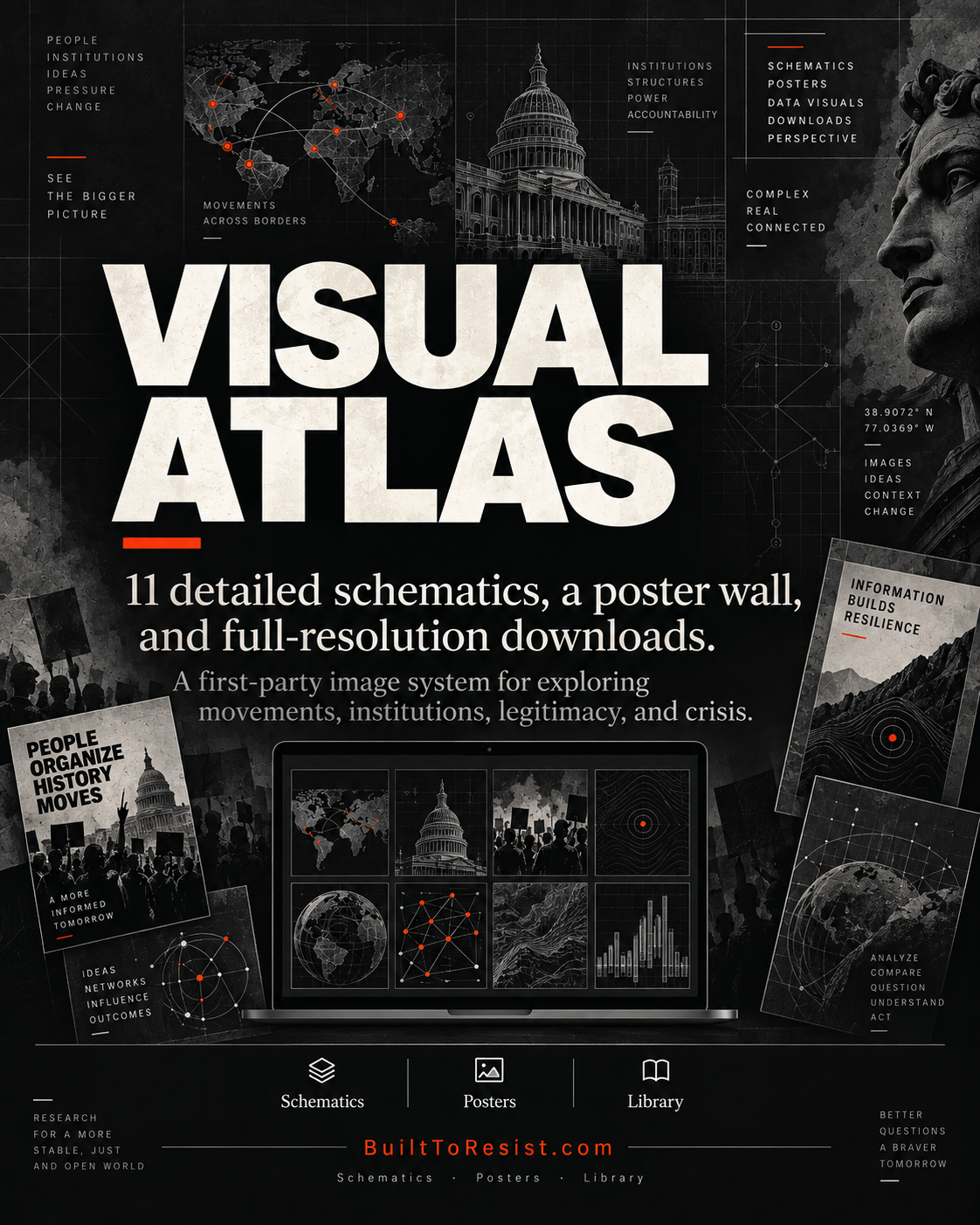 Visual Atlas social graphic showing a schematic gallery, map and institutional motifs, poster thumbnails, and the headline Visual Atlas.