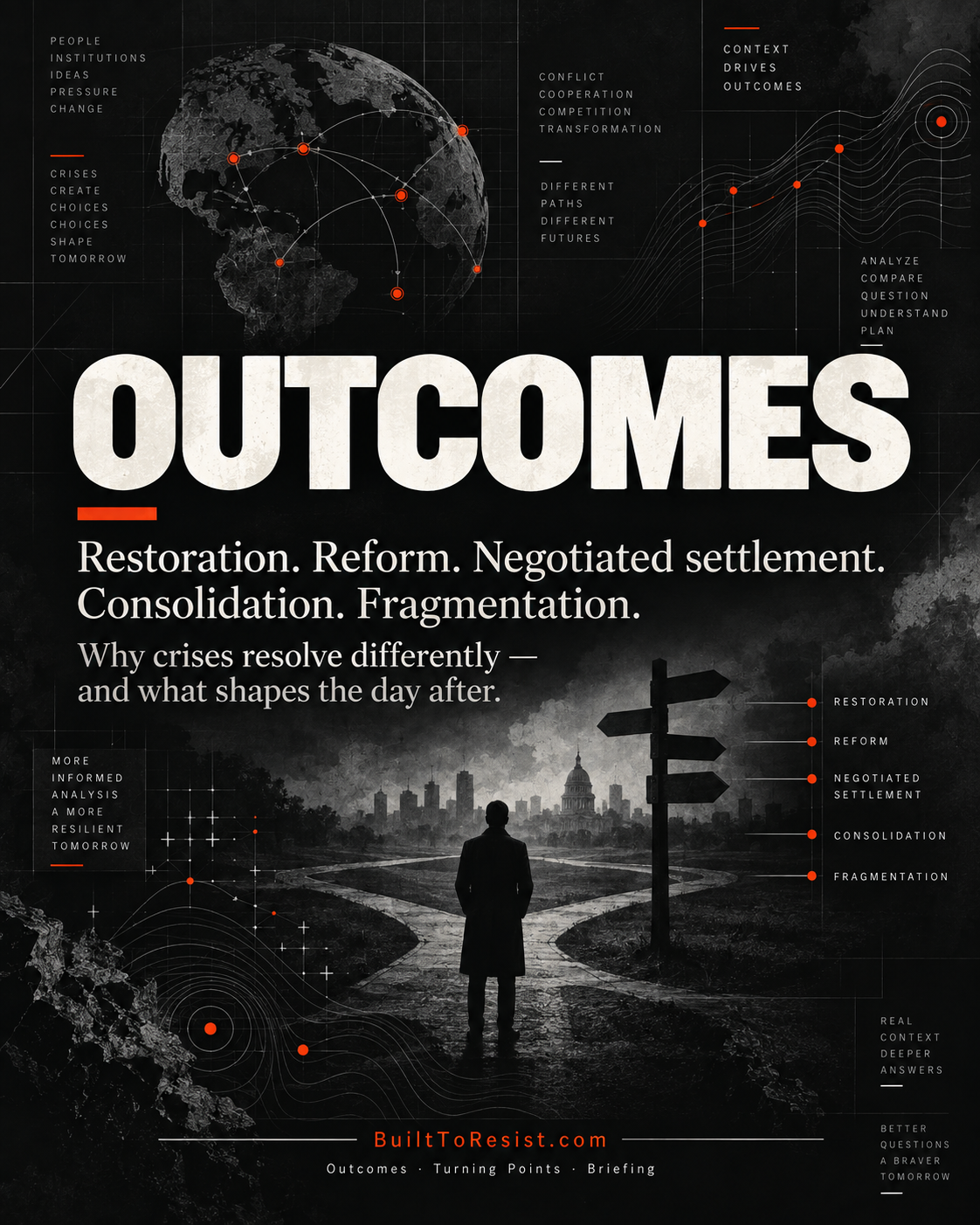 Outcomes social graphic with diverging pathways, a silhouetted figure at a crossroads, analytical nodes, and the headline Outcomes.